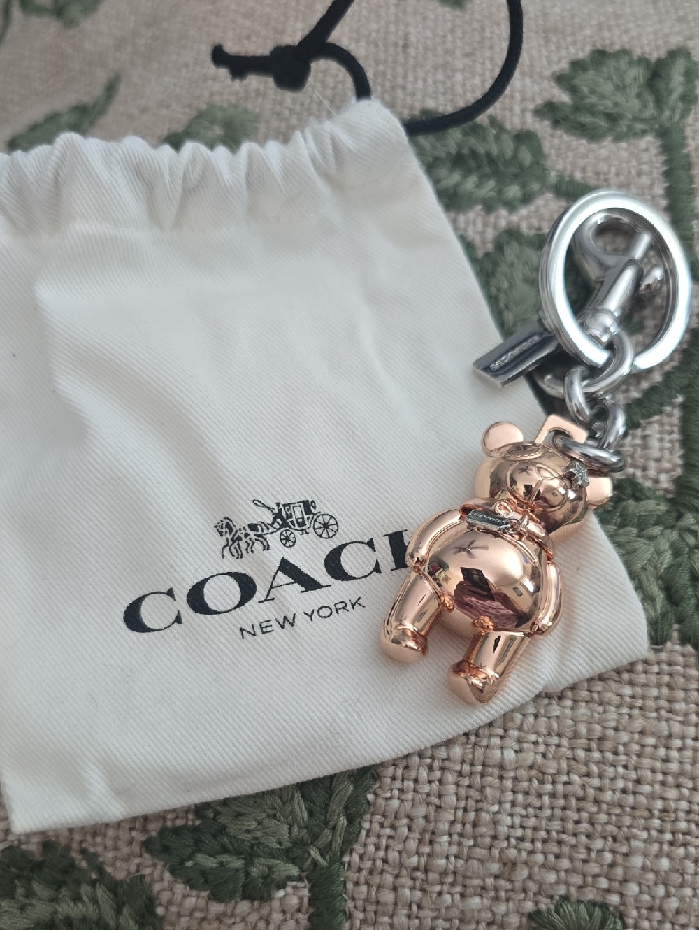 Coach Rose Gold Teddy Bear Key Charm with Silver Hardware